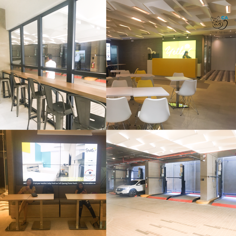 collage photos of yello hotel lobby, fujinoya, meeting room, and parking space