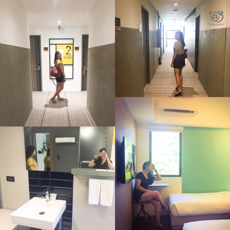 collage photos of yello hotel guest in hallways and rooms